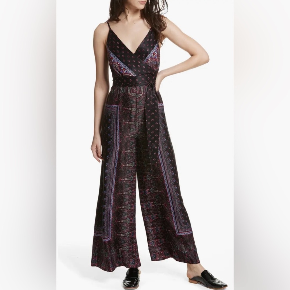Free People Cabbage Rose Wide Leg Surplice V-Neck Jumpsuit Size 2 Boho Resort